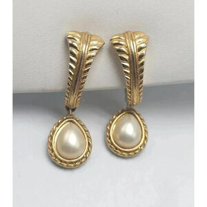 Vintage Trifari Clip-On Earrings With Faux Pearls & Gold-Tone Finish